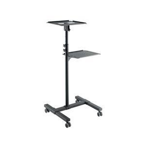 Grey LogiLink BP0069 laptop stand with adjustable height, sturdy metal frame, and a side shelf, featuring four rolling wheels for easy mobility.