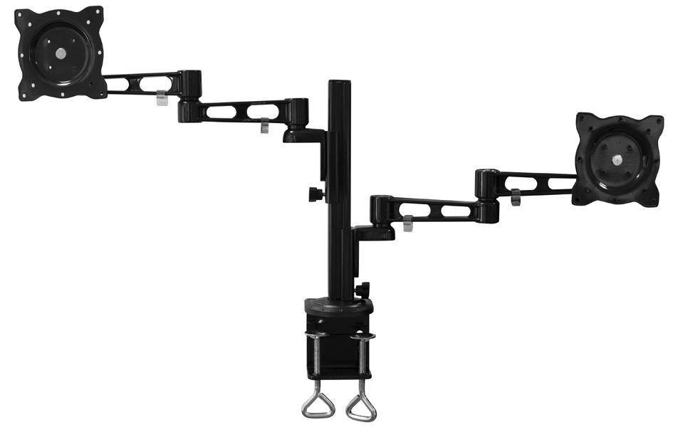Black LogiLink BP0074 monitor mount with dual adjustable arms, featuring VESA-compatible brackets, sturdy clamp base, and a sleek, modern design for desk use.