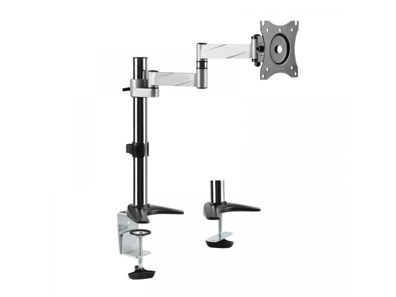 Black and silver LogiLink BP0076 monitor mount with adjustable arm, VESA-compatible bracket, and dual clamp for desk attachment, supporting monitors up to 27 inches.