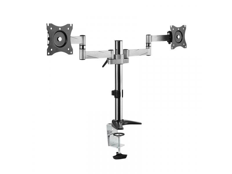 Black LogiLink BP0077 monitor mount with dual adjustable arms, sturdy metal construction, and a clamp base for desk attachment, supporting screens up to 27 inches.