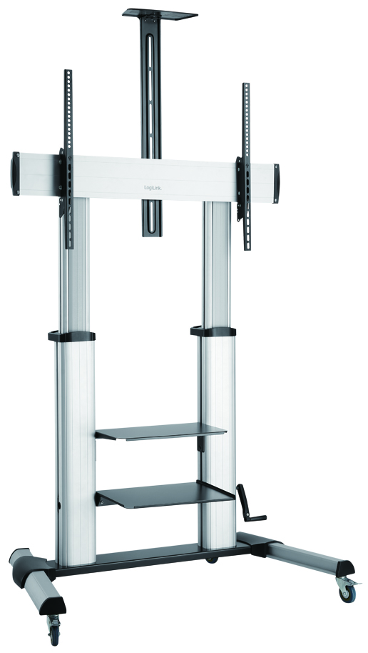 Black and grey LogiLink BP0084 signage display mount with a height-adjustable frame, two shelves, and wheels for mobility, designed for screens up to 100 inches.