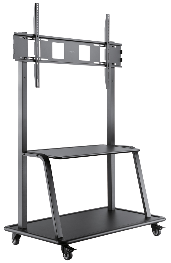 Black LogiLink BP0085 Signage Display Mount with a sturdy metal frame, adjustable brackets for screens up to 150", and a lower shelf for additional equipment.