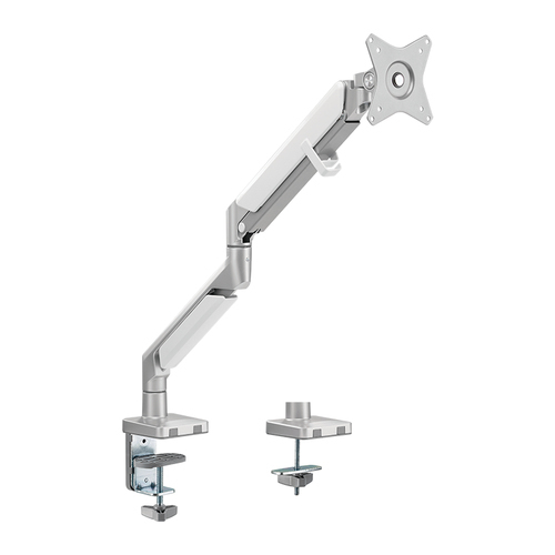 Silver LogiLink BP0086 monitor mount with an adjustable arm, featuring a VESA-compatible mounting plate and a sturdy clamp for secure attachment to desks.