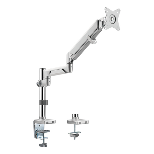 Silver LogiLink BP0087 monitor mount with an adjustable arm, clamp base, and VESA-compatible mounting plate for screens up to 32 inches.