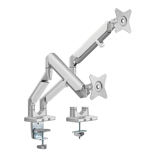 Silver LogiLink BP0088 monitor mount with dual adjustable arms, designed for 32" screens, featuring a sturdy clamp base and VESA-compatible brackets for secure attachment.