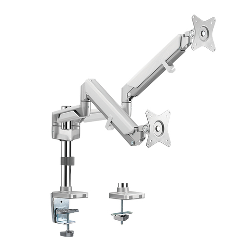 Silver LogiLink BP0089 monitor mount with adjustable dual arms, designed for 32" screens, featuring a sturdy clamp for desk attachment and VESA-compatible brackets.