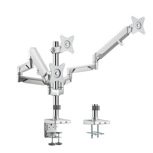Silver LogiLink BP0090 monitor mount with adjustable arms, designed for 27" screens, featuring a sturdy clamp base for secure attachment.