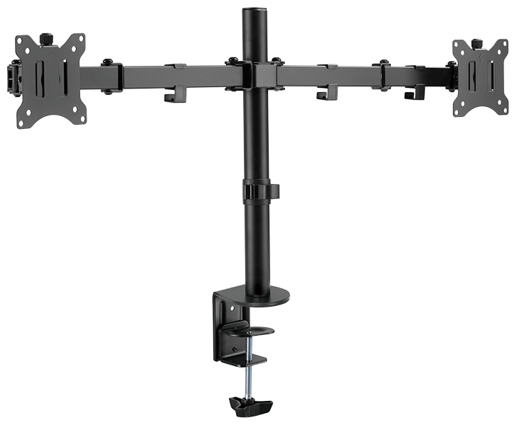 Black LogiLink BP0098 monitor mount features dual adjustable arms, a sturdy vertical pole, and a clamp for desk attachment, supporting screens up to 32 inches.