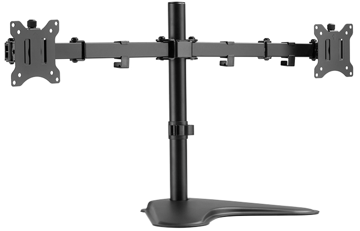 Black LogiLink BP0099 monitor mount with a sturdy base, adjustable arms for dual monitors, and VESA compatibility, designed for desks and supporting screens up to 32 inches.