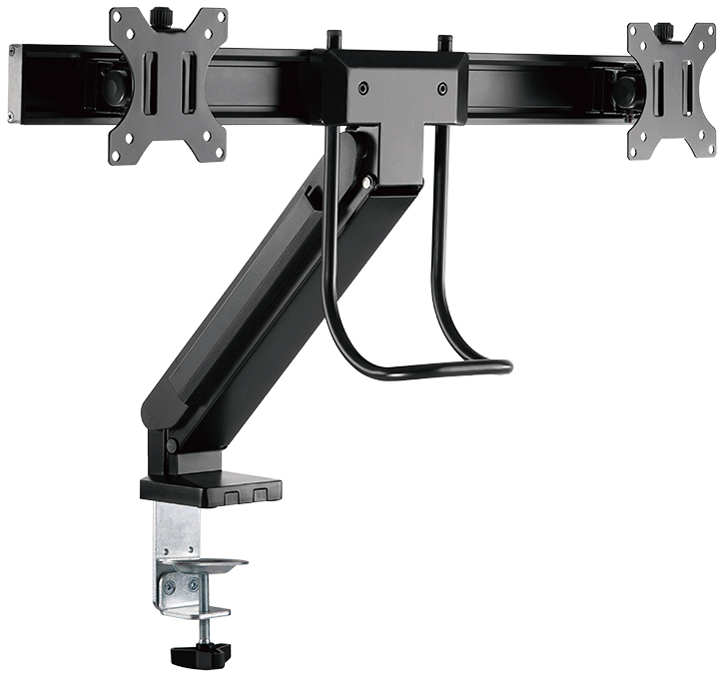 Black LogiLink BP0102 monitor mount with a sturdy metal design, featuring dual VESA brackets for 27" screens and a clamp for easy desk attachment.