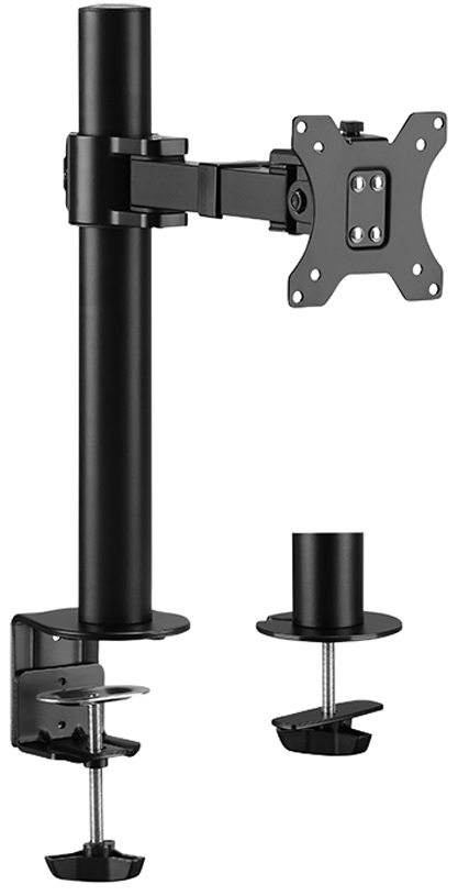 Black LogiLink BP0104 monitor mount features an adjustable arm, sturdy pole, and clamp for desk attachment, designed for screens up to 32 inches.