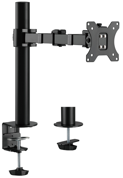 Black LogiLink BP0105 monitor mount with adjustable arm, featuring a sturdy metal design, clamp base for desk attachment, and VESA-compatible bracket for 32" screens.