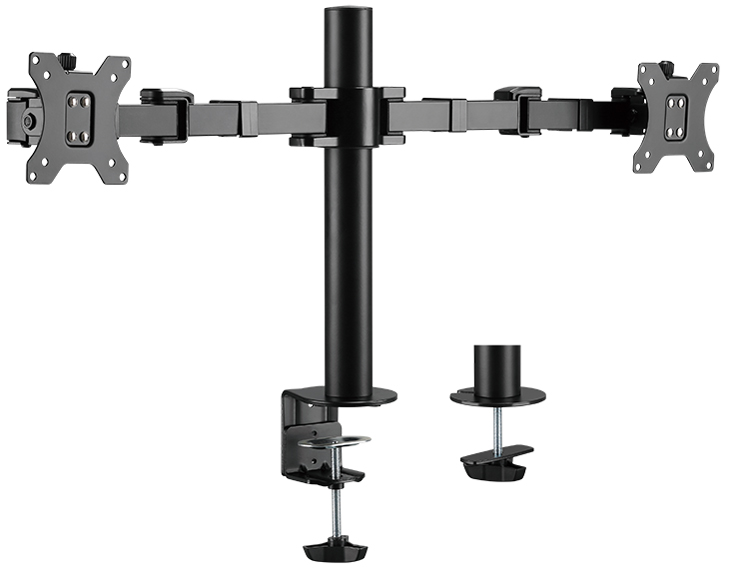 Black LogiLink BP0106 monitor mount with adjustable dual arms, sturdy metal construction, and clamp base for desk attachment, designed for monitors up to 32 inches.
