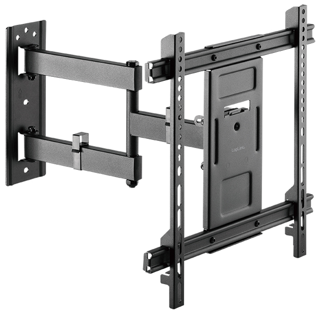 Black LogiLink BP0112 TV mount featuring a sturdy metal frame with adjustable arms, designed for 70" TVs, showcasing a sleek, modern design for wall installation.