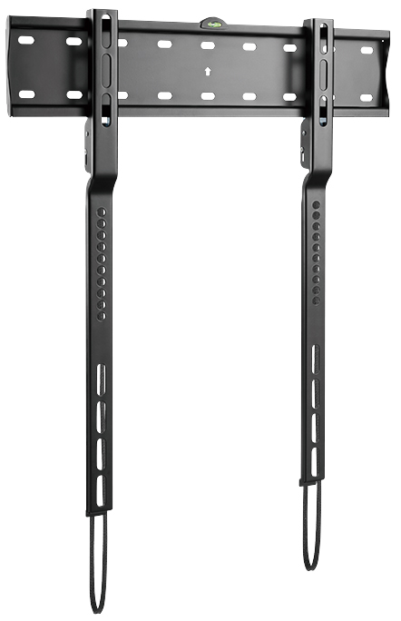 Black LogiLink BP0116 TV mount with a sturdy metal frame, featuring adjustable brackets and a built-in level, designed for 65" TVs, showcasing multiple mounting holes for easy installation.