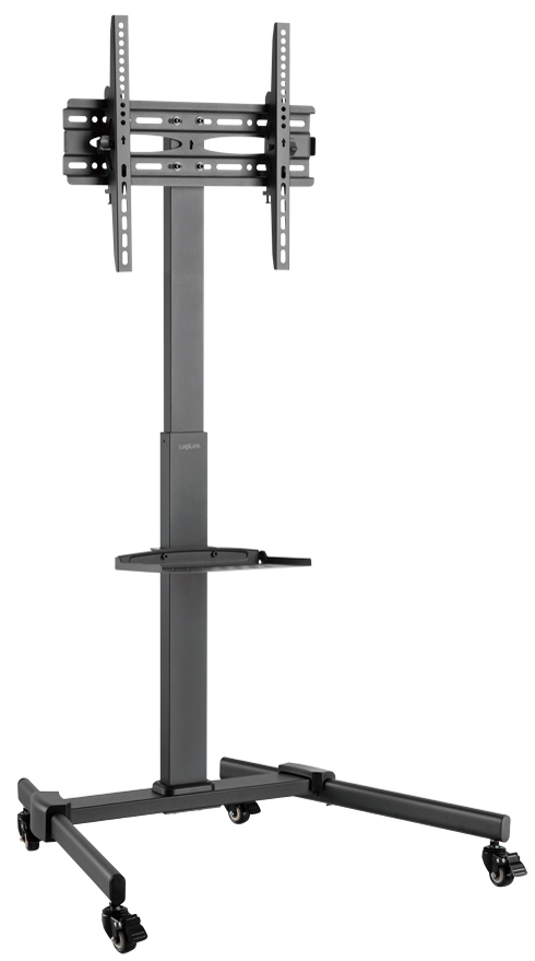Black LogiLink BP0121 TV mount/stand, adjustable for 55" TVs, featuring a sturdy metal frame, rolling wheels for mobility, and a shelf for additional devices.