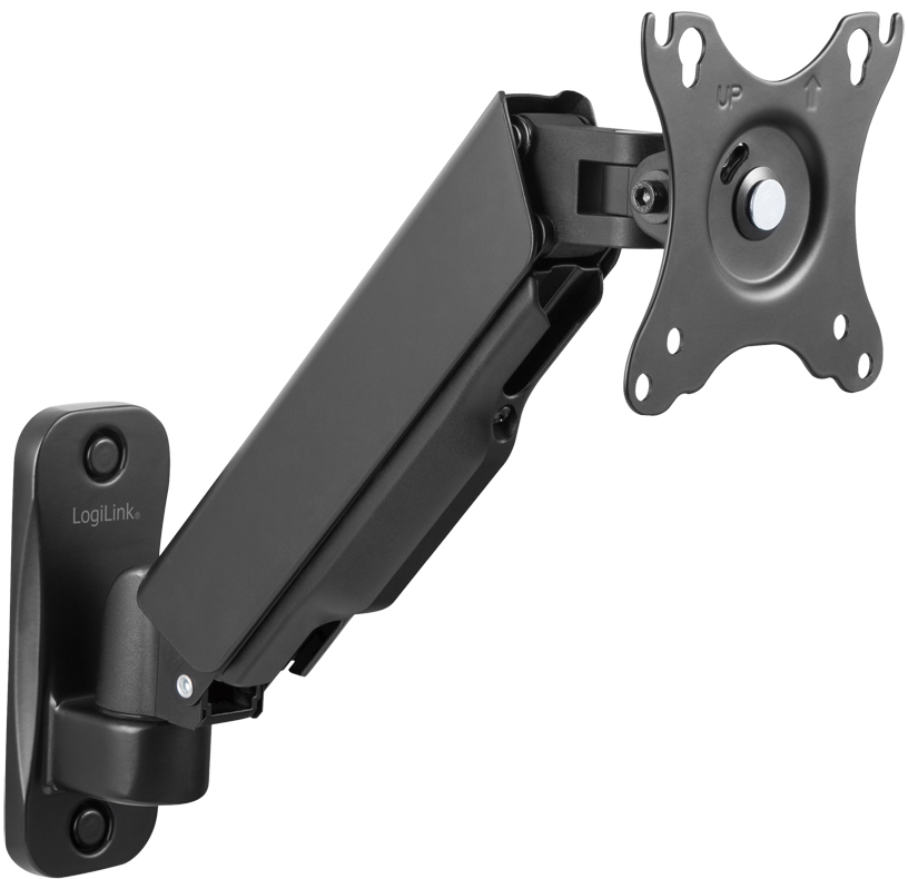 Black LogiLink BP0144 monitor mount with an adjustable arm, designed for 32" screens, featuring a VESA mount plate and a sleek, modern design for wall installation.