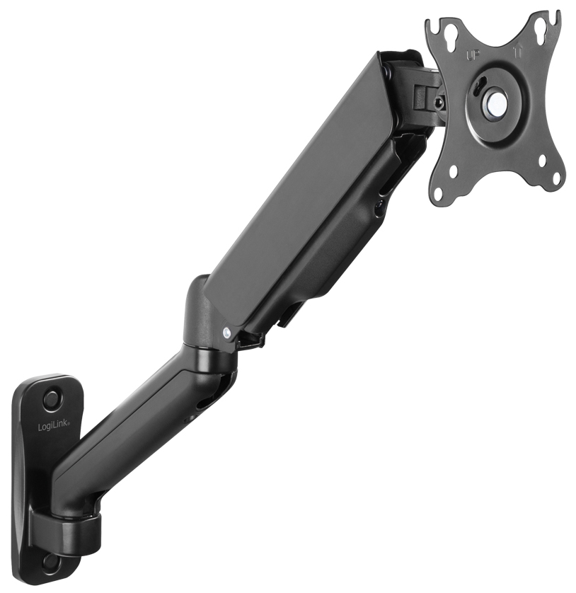 Black LogiLink BP0145 monitor mount with a sleek, adjustable arm and a VESA-compatible mounting plate, designed for 32" screens, showcasing a modern, sturdy construction.