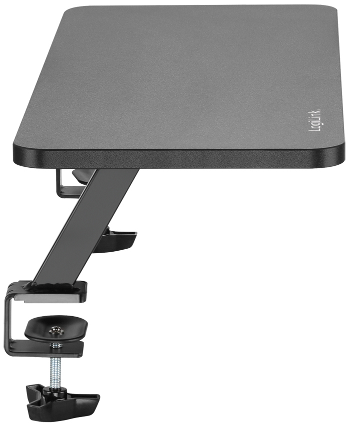 Black LogiLink BP0154 monitor mount with a sturdy metal arm and clamp, designed to securely hold a 32-inch monitor on a desk, featuring a sleek, minimalist design.
