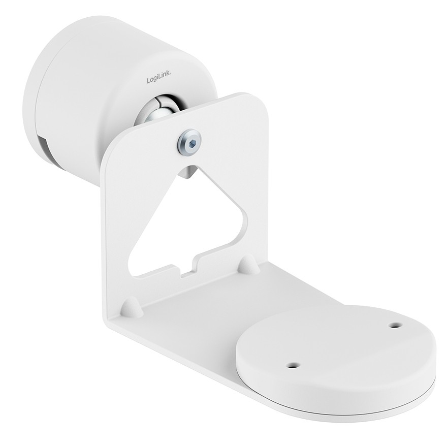 White plastic and steel speaker mount with a circular base and triangular bracket, designed for wall installation, featuring a smooth finish and adjustable positioning.