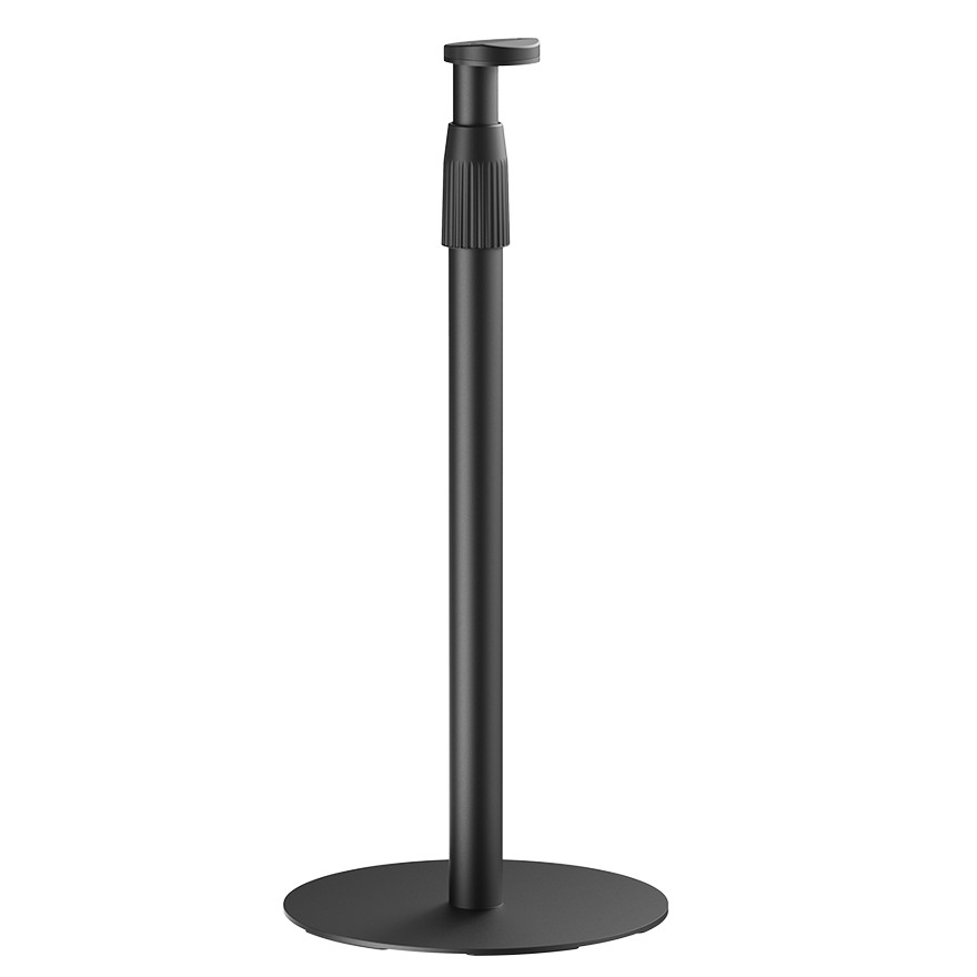 Black metal speaker mount with a round base and adjustable height, featuring a textured grip for easy adjustment.