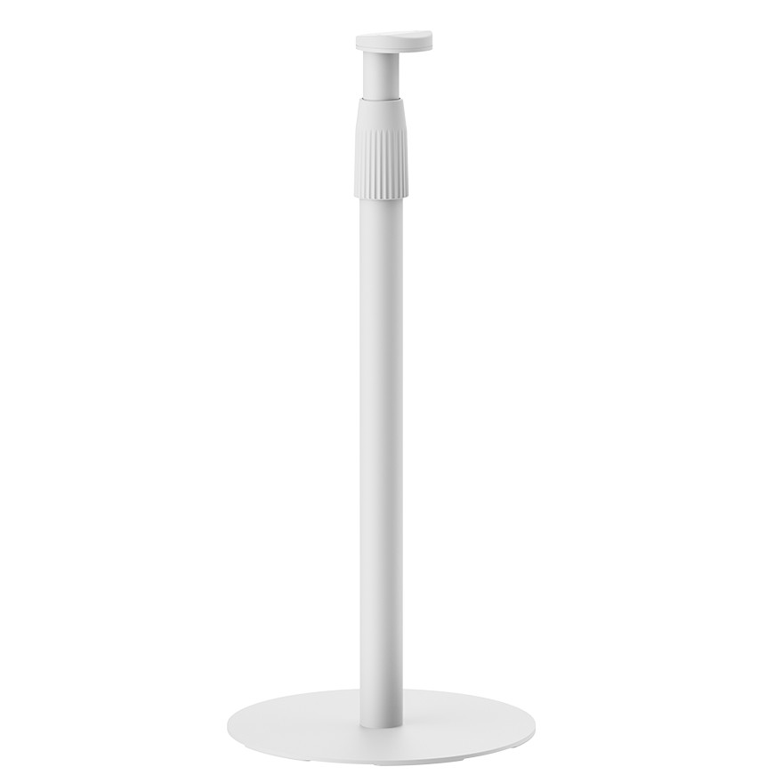White metal speaker mount with a round base and adjustable height feature, designed for stability and compatibility with various speakers.