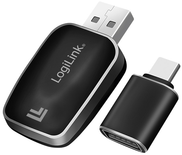 LogiLink BT 5.0 adapter in sleek black plastic, featuring a USB connector and a separate USB-C dongle, designed for converting wired CarPlay and Android Auto to wireless.