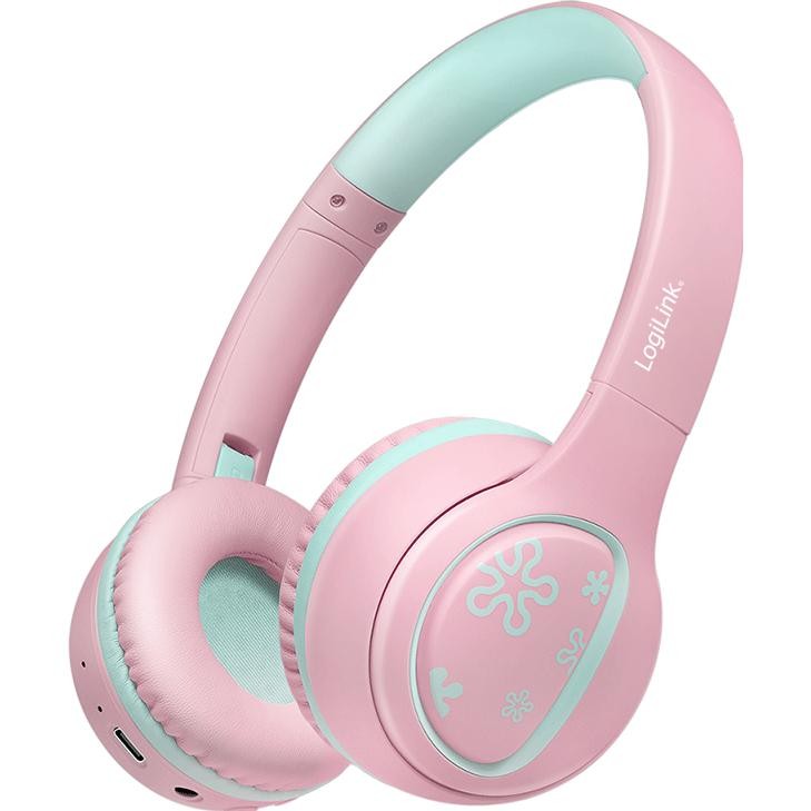 On-ear Bluetooth headset in rose pink and light blue, featuring a foldable design and soft ear cushions, with a playful floral pattern on the ear cups.