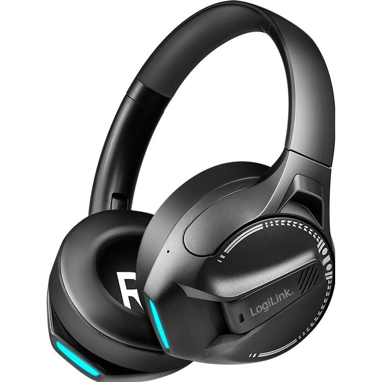 Black LogiLink BT 6.0 Gaming Headset featuring a sleek design, adjustable ear cups, illuminated accents, and a textured finish for enhanced grip.