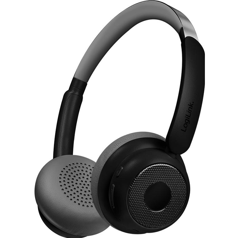 Black LogiLink BT 6.0 headset with a sleek design, featuring padded ear cups, a metallic finish on the headband, and integrated controls on the side.