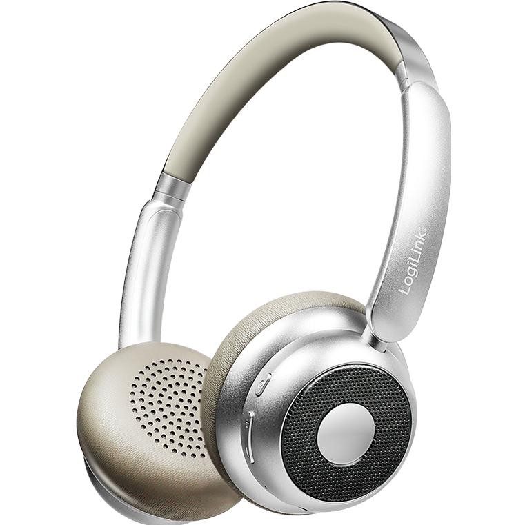 Silver LogiLink BT 6.0 headset featuring a sleek design, padded ear cups, a metallic finish, and a circular control button on the side.