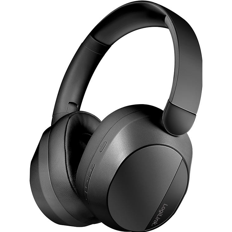 Black LogiLink BT 6.0 headset featuring Active Noise Cancellation (ANC), cushioned ear cups, adjustable headband, and control buttons on the side.