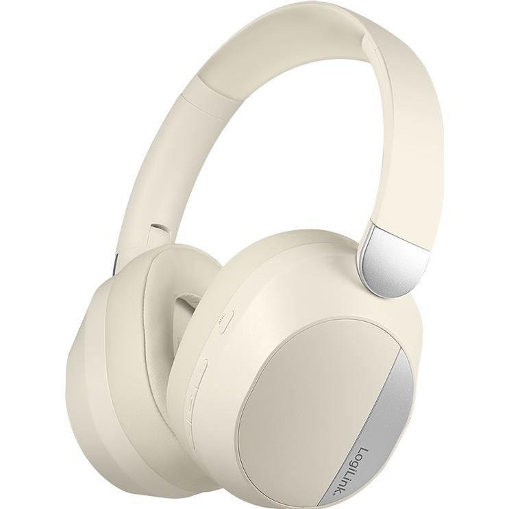 Cream and silver LogiLink BT 6.0 headset featuring active noise cancellation (ANC), soft ear cushions, and a sleek design with adjustable headband.