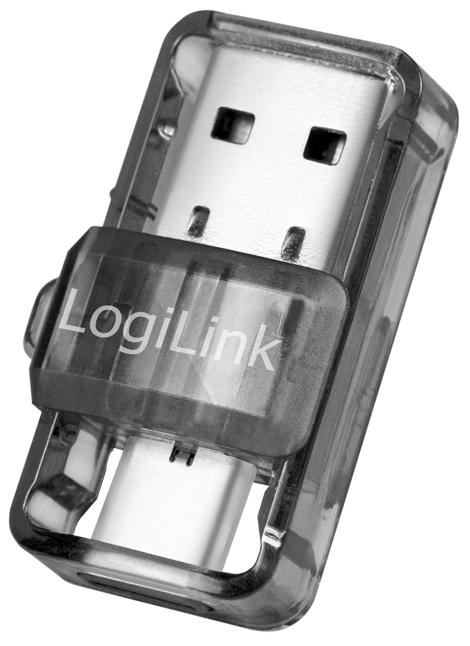 Compact black LogiLink BT0054 Bluetooth 5.0 dongle with a transparent protective casing and USB connector, designed for network and WiFi connectivity.