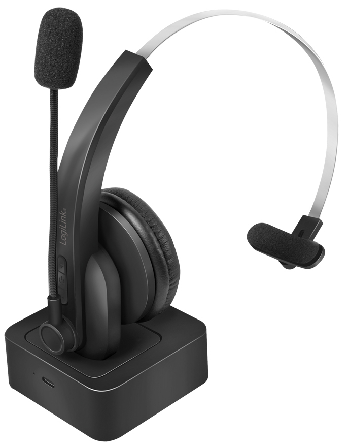 Black LogiLink BT0059 Bluetooth mono headset with a sleek on-ear design, padded earcup, adjustable microphone, and a charging dock, made for phone calls and music.