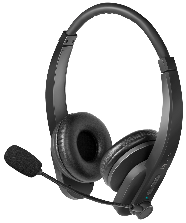 Black on-ear Bluetooth headset with cushioned ear pads, adjustable headband, and a flexible microphone, featuring control buttons on the side for easy access.