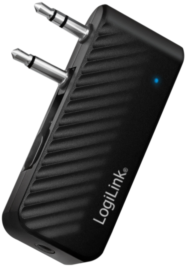 Black LogiLink BT0061 Bluetooth audio transmitter with a textured surface, featuring two audio jacks and a blue LED indicator, supports Bluetooth 5.1 with a 7-meter range.