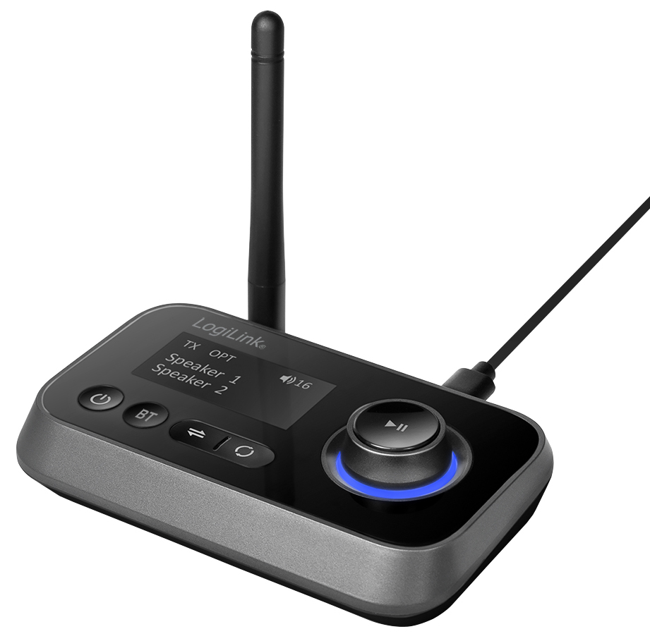 LogiLink BT0062 Bluetooth audio transmitter/receiver in black and silver, featuring a control knob, display screen, and an antenna, with a 10m range and BT 5.0 technology.
