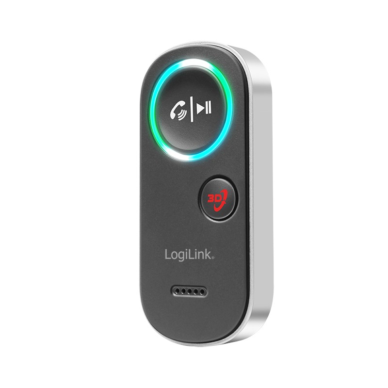 LogiLink BT0068 AV Receiver in black with a circular control panel featuring a play/pause button, colorful LED ring, and a red 3D button at the bottom.