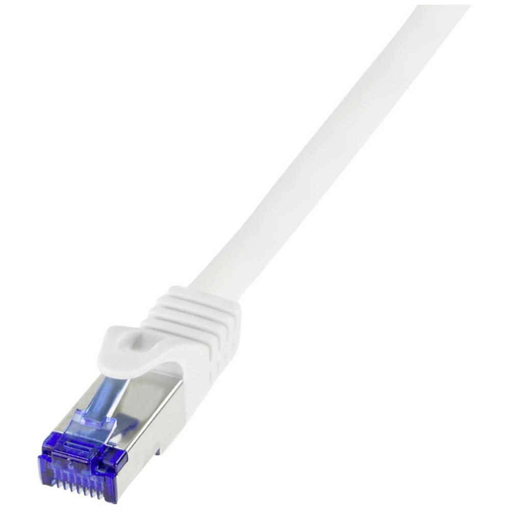 White LogiLink C6A011S CAT 6A S/FTP network cable, 0.25 meters long, featuring a clear plastic connector with a blue clip and a flexible, durable design.