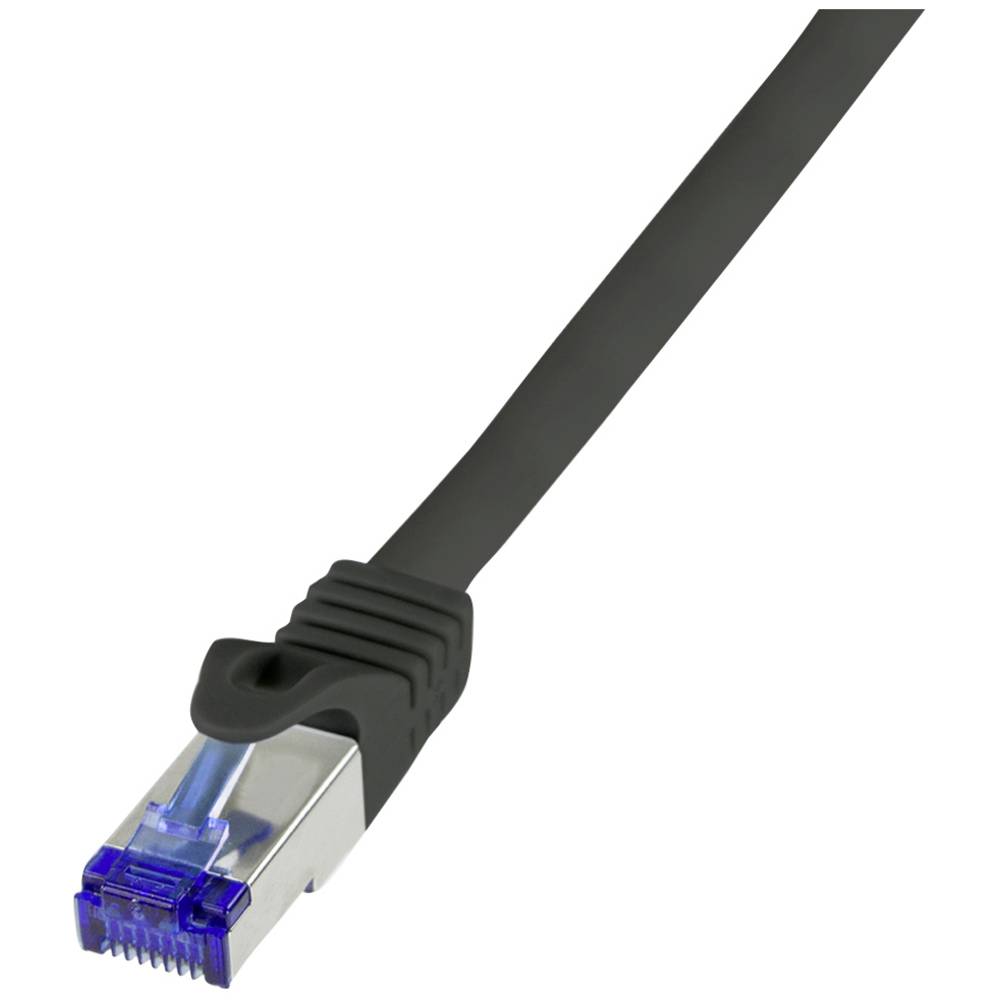 Black 1m LogiLink CAT 6A S/FTP network cable with a flexible rubber exterior and a transparent RJ45 connector featuring a blue clip.
