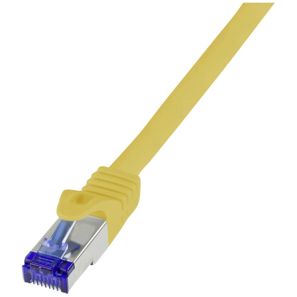 Yellow RJ45 CAT 6A S/FTP network cable, 20 meters long, featuring a sturdy design with a clear plastic connector and protective boot for enhanced durability.
