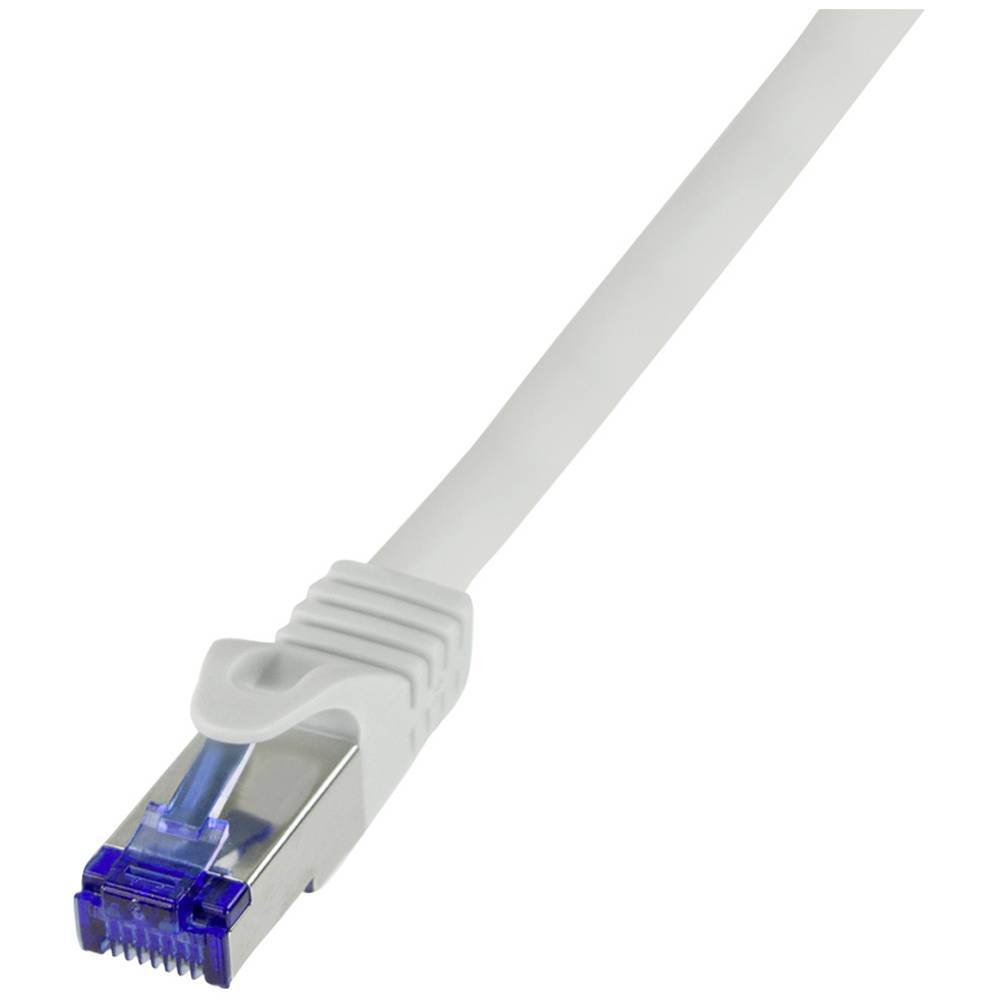 Grey LogiLink C6A122S CAT 6A S/FTP network cable, 30m long, featuring a transparent RJ45 connector with a blue clip and a flexible, durable outer sheath.