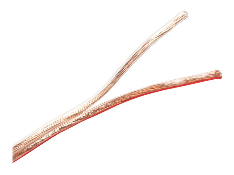 Transparent audio cable with a length of 25 meters, featuring two twisted strands and a red inner core, designed for high-quality sound transmission.