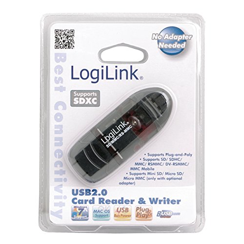 Black LogiLink USB 2.0 card reader for SD/MMC cards, featuring a compact design, plug-and-play functionality, and a clear packaging with product details and compatibility information.