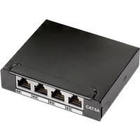 Black LogiLink Cat.6A 4-Port mini desktop patch panel, shielded, compact design with labeled Ethernet ports.