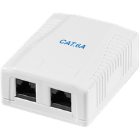 White LogiLink Cat.6A surface mounted box with 2 RJ45 ports, unshielded, with blue text and ribbed sides.