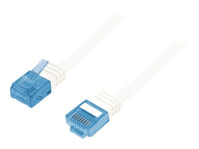 White 2m CAT5e UTP networking cable with blue plastic connectors on both ends, featuring a flat design suitable for easy installation and organization.