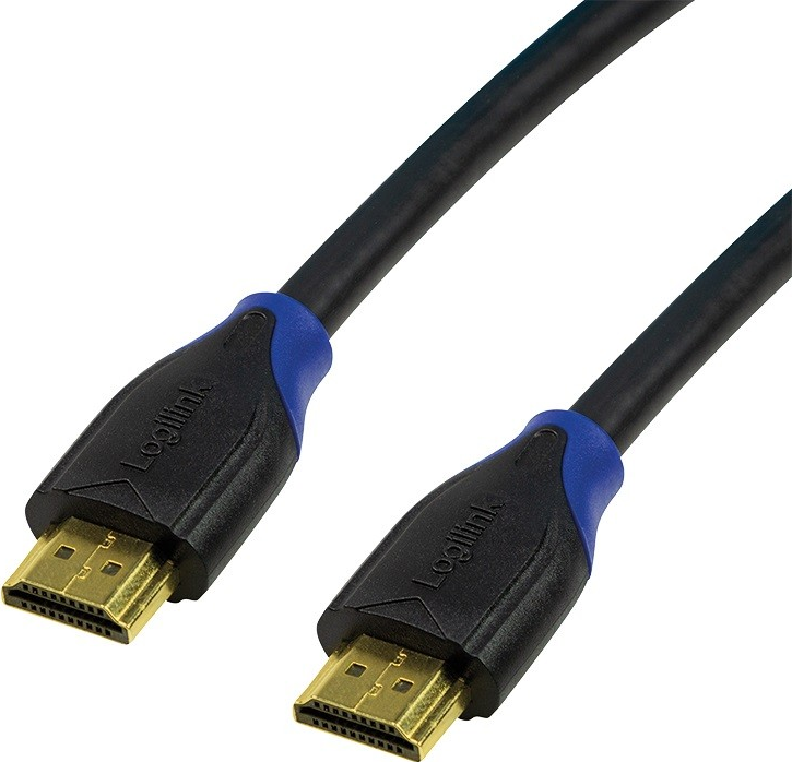 Black HDMI cable, 2 meters long, featuring gold-plated connectors and blue accents on the ends, designed for 4K UHD and audio return capabilities.