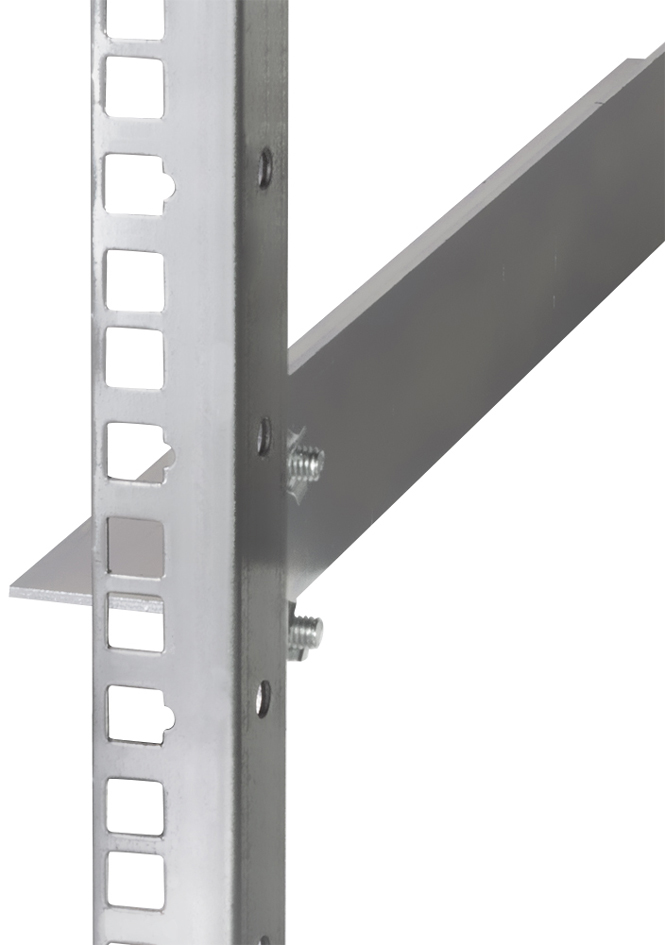 Silver metal rack rail with multiple mounting holes, featuring a sturdy design for secure installation in server racks or cabinets.